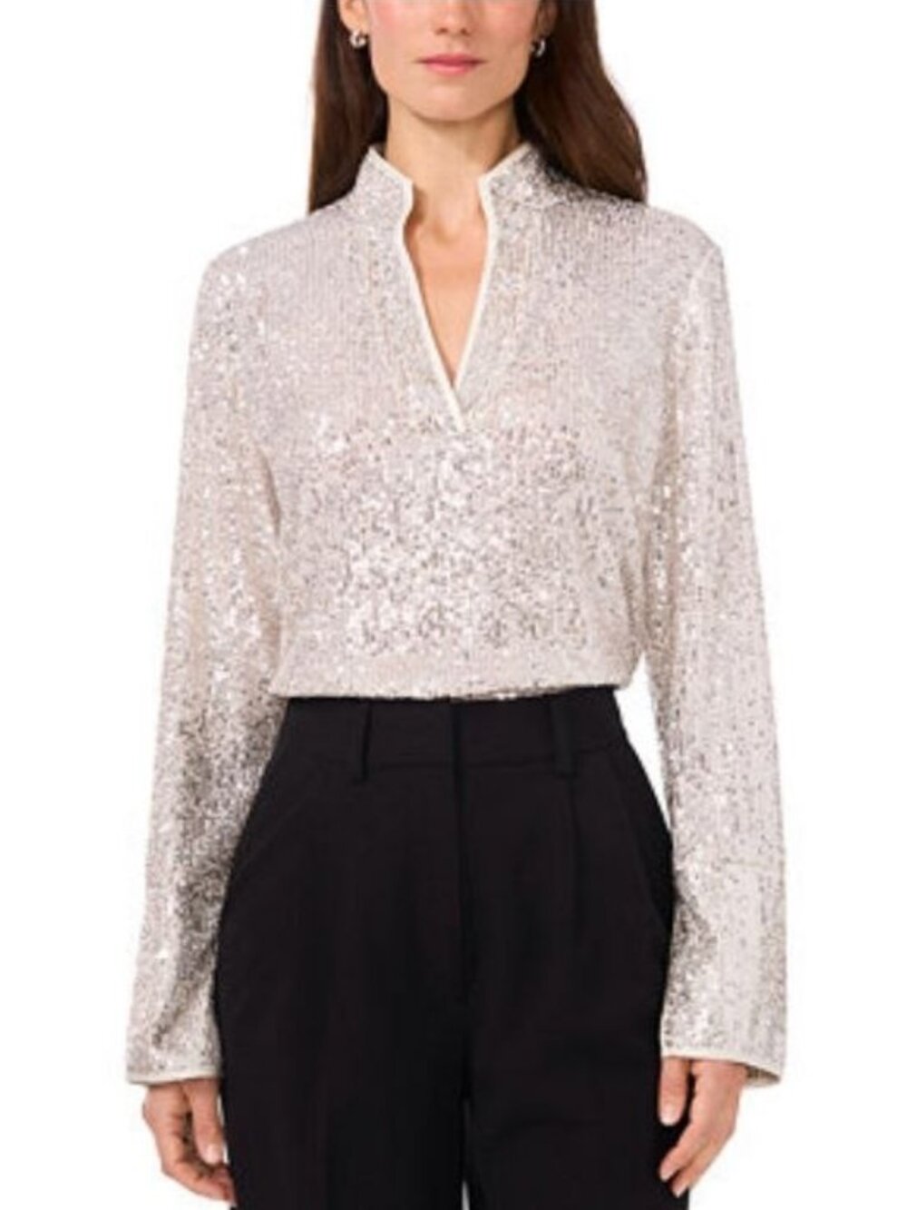 $89 Vince Camuto Women's Sequined Split-Neck Tunic Silver Top Size XL